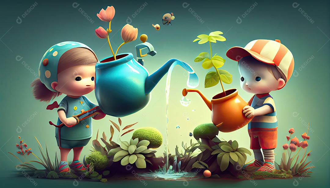 Crianças dos desenhos animados plantando árvores Dia da Terra a importância de amar a natureza