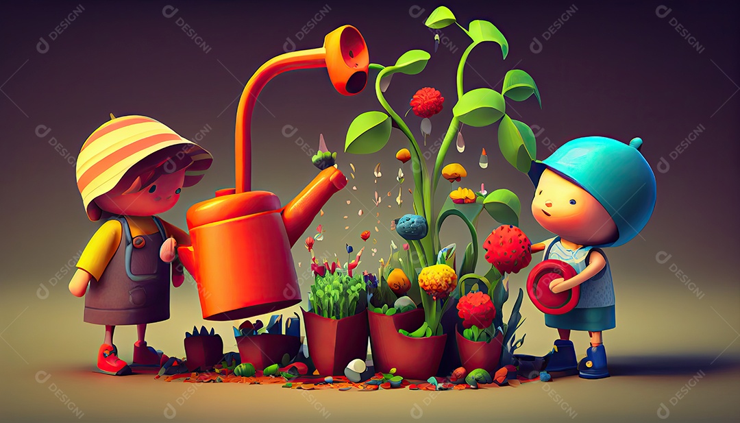 Crianças dos desenhos animados plantando árvores Dia da Terra a importância de amar a natureza