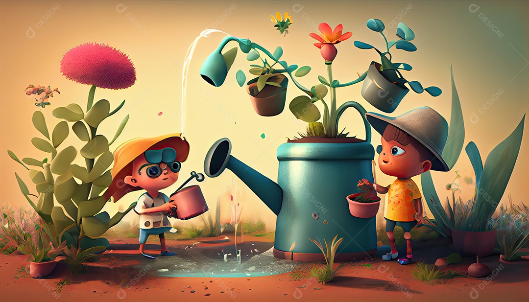 Crianças dos desenhos animados plantando árvores Dia da Terra a importância de amar a natureza