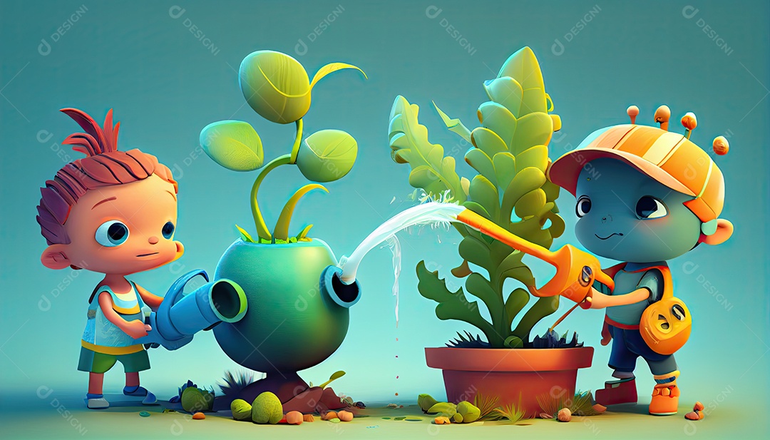 Crianças dos desenhos animados plantando árvores Dia da Terra a importância de amar a natureza