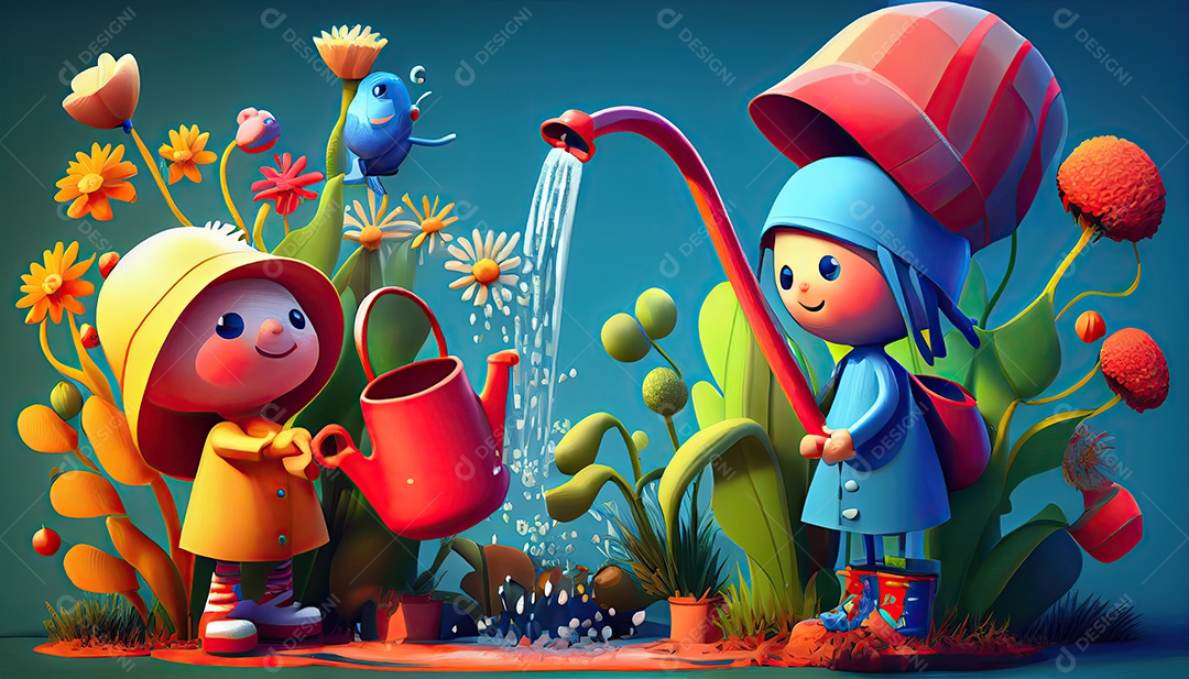 Crianças dos desenhos animados plantando árvores Dia da Terra a importância de amar a natureza