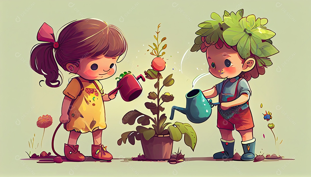 Crianças dos desenhos animados plantando árvores Dia da Terra a importância de amar a natureza