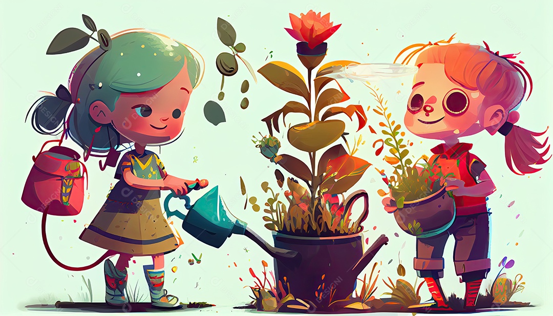 Crianças dos desenhos animados plantando árvores Dia da Terra a importância de amar a natureza