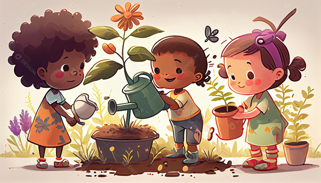 Crianças dos desenhos animados plantando árvores Dia da Terra a importância de amar a natureza