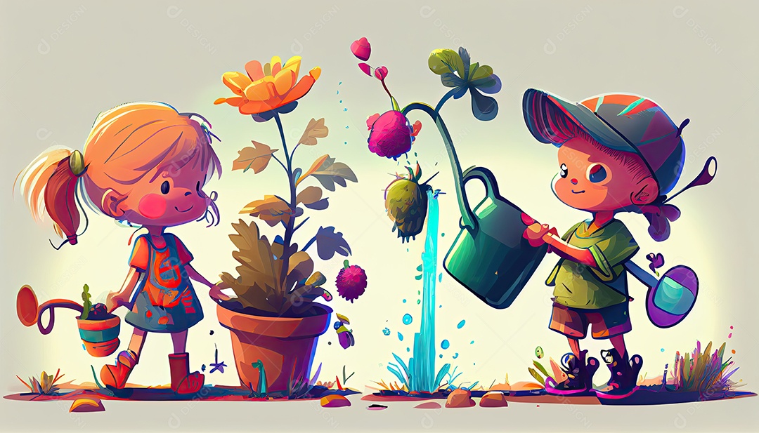 Crianças dos desenhos animados plantando árvores Dia da Terra a importância de amar a natureza