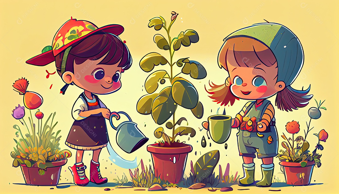 Crianças dos desenhos animados plantando árvores Dia da Terra a importância de amar a natureza