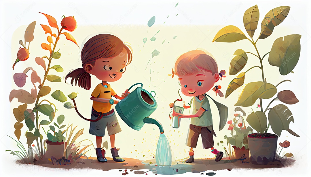 Crianças dos desenhos animados plantando árvores Dia da Terra a importância de amar a natureza