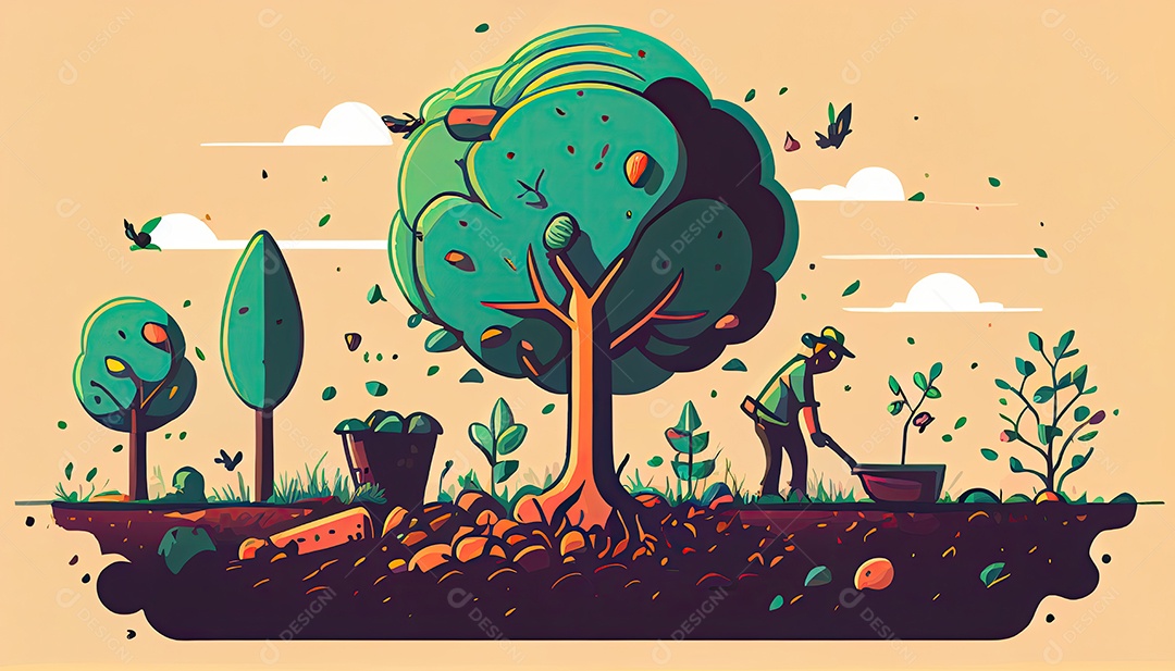 Crianças dos desenhos animados plantando árvores Dia da Terra a importância de amar a natureza