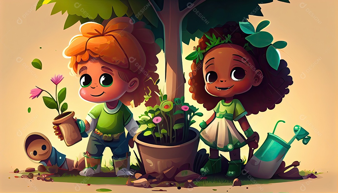 Crianças dos desenhos animados plantando árvores Dia da Terra a importância de amar a natureza