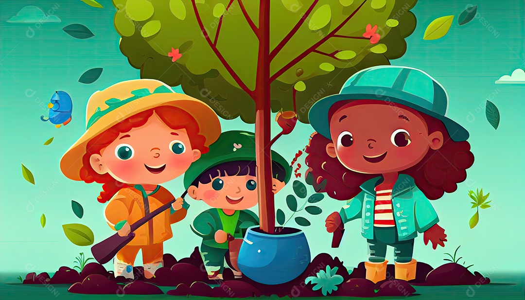 Crianças dos desenhos animados plantando árvores Dia da Terra a importância de amar a natureza