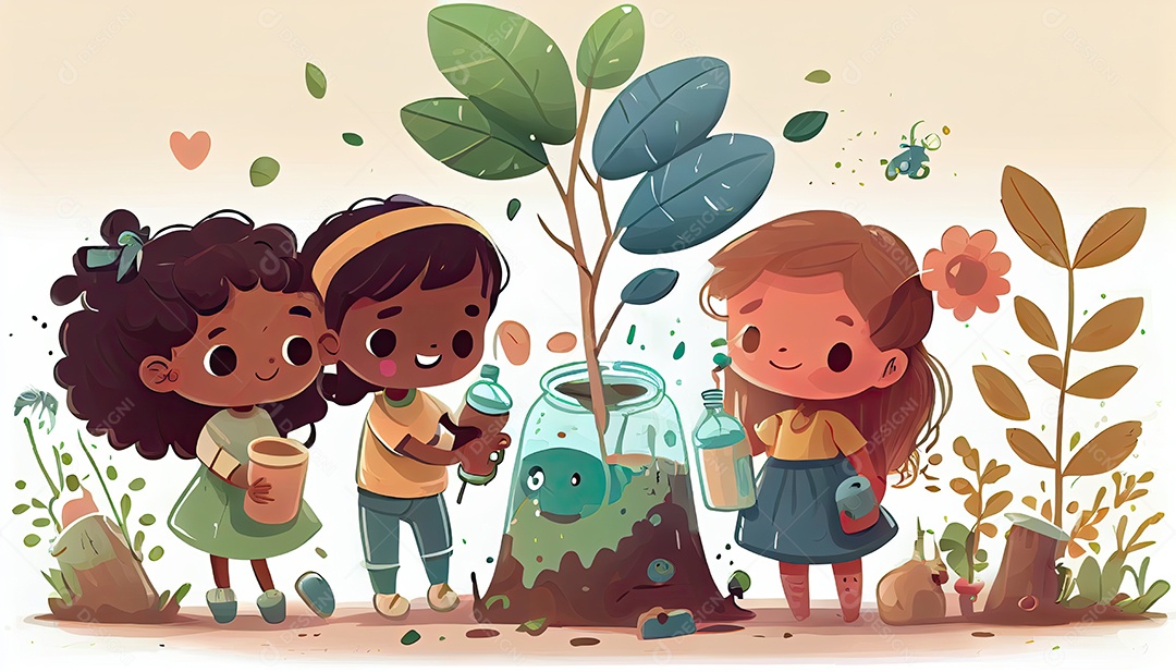 Crianças dos desenhos animados plantando árvores Dia da Terra a importância de amar a natureza