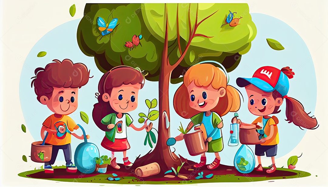Crianças dos desenhos animados plantando árvores Dia da Terra a importância de amar a natureza