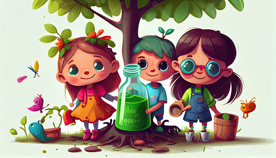 Crianças dos desenhos animados plantando árvores Dia da Terra a importância de amar a natureza