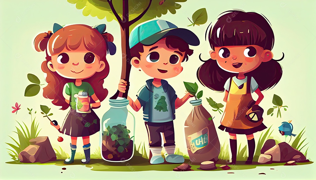 Crianças dos desenhos animados plantando árvores Dia da Terra a importância de amar a natureza