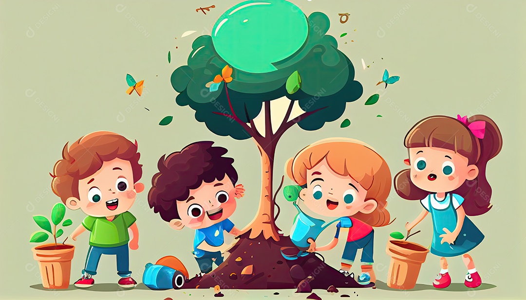 Crianças dos desenhos animados plantando árvores Dia da Terra a importância de amar a natureza