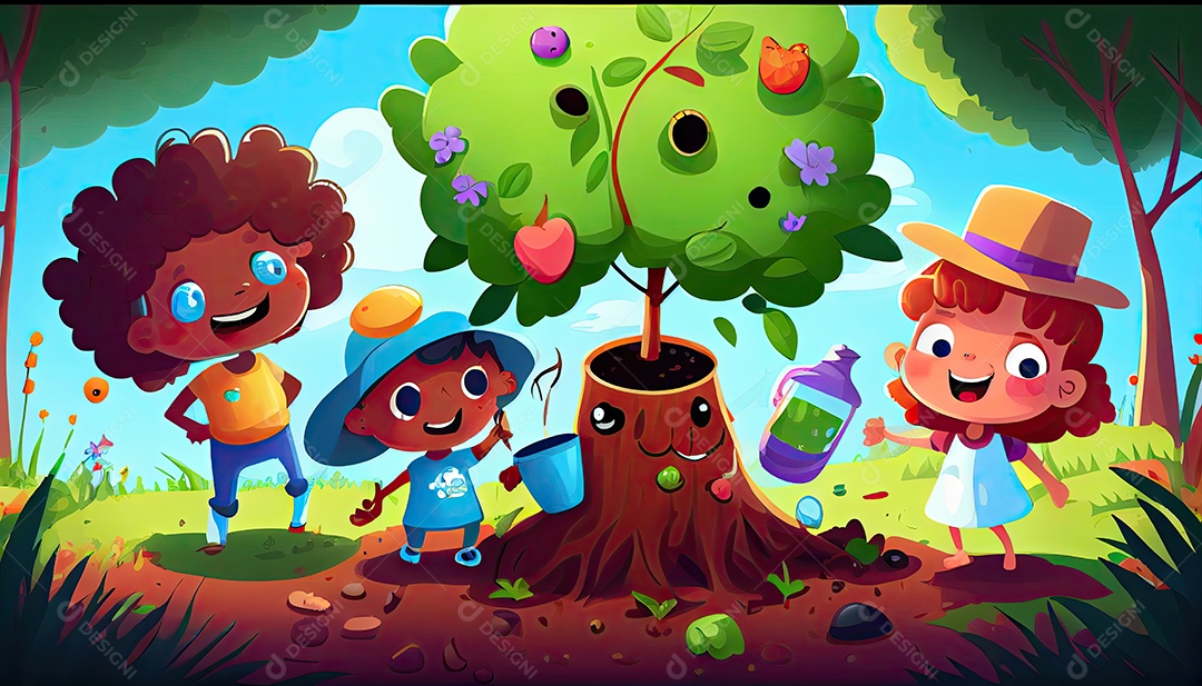 Crianças dos desenhos animados plantando árvores Dia da Terra a importância de amar a natureza