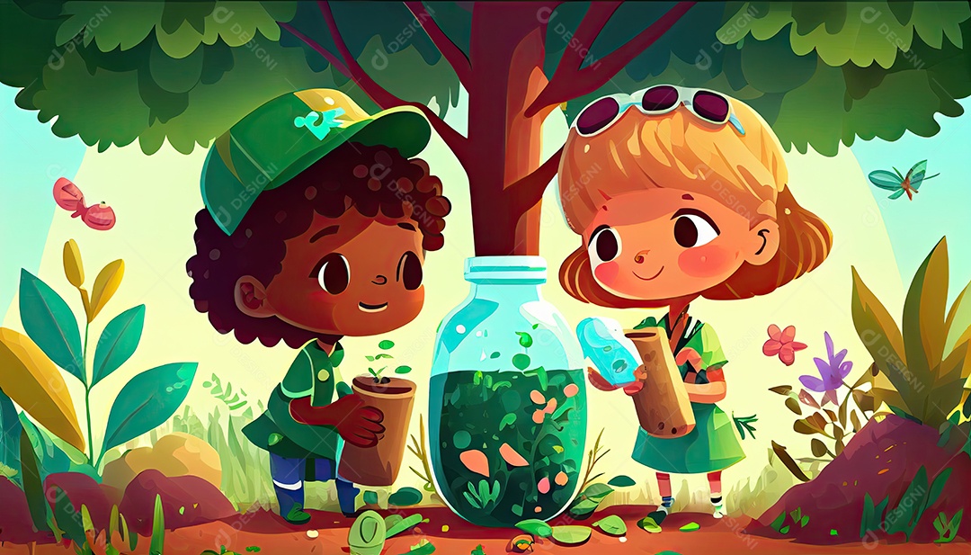 Crianças dos desenhos animados plantando árvores Dia da Terra a importância de amar a natureza