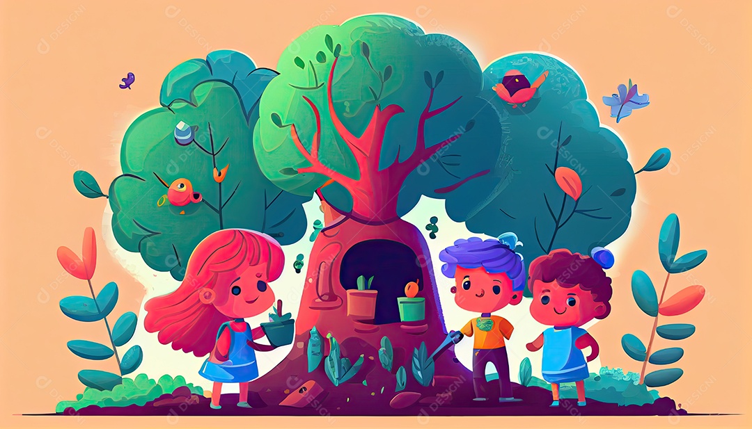 Crianças dos desenhos animados plantando árvores Dia da Terra a importância de amar a natureza