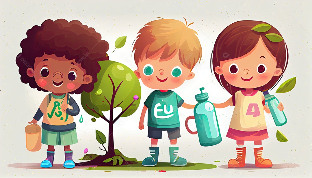 Crianças dos desenhos animados plantando árvores Dia da Terra a importância de amar a natureza