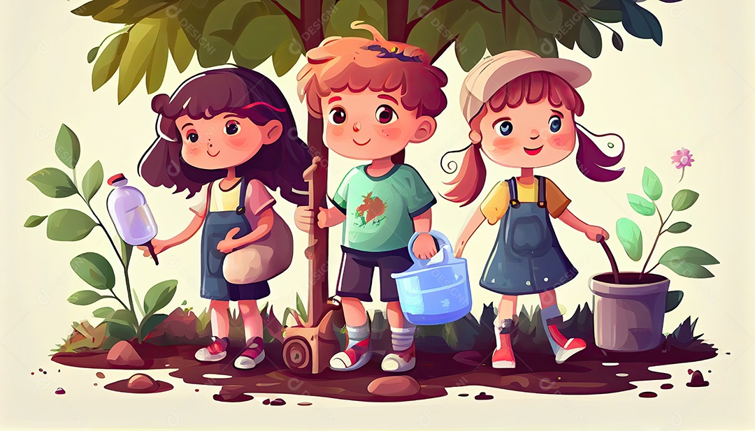 Crianças dos desenhos animados plantando árvores Dia da Terra a importância de amar a natureza