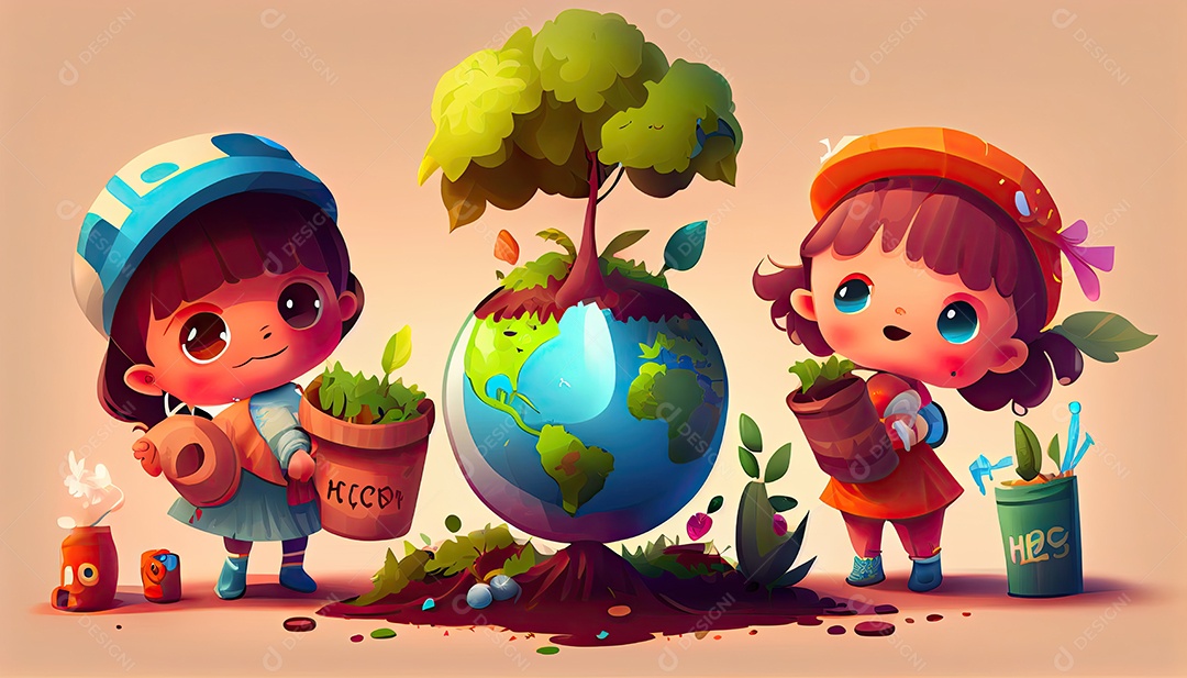 Crianças dos desenhos animados plantando árvores Dia da Terra a importância de amar a natureza