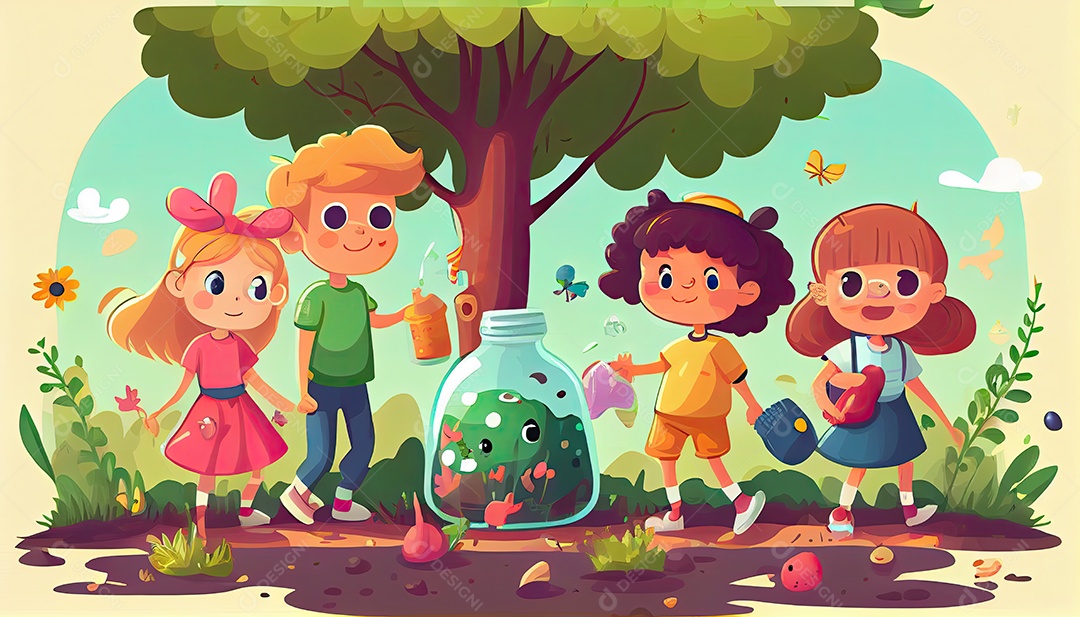 Crianças dos desenhos animados plantando árvores Dia da Terra a importância de amar a natureza