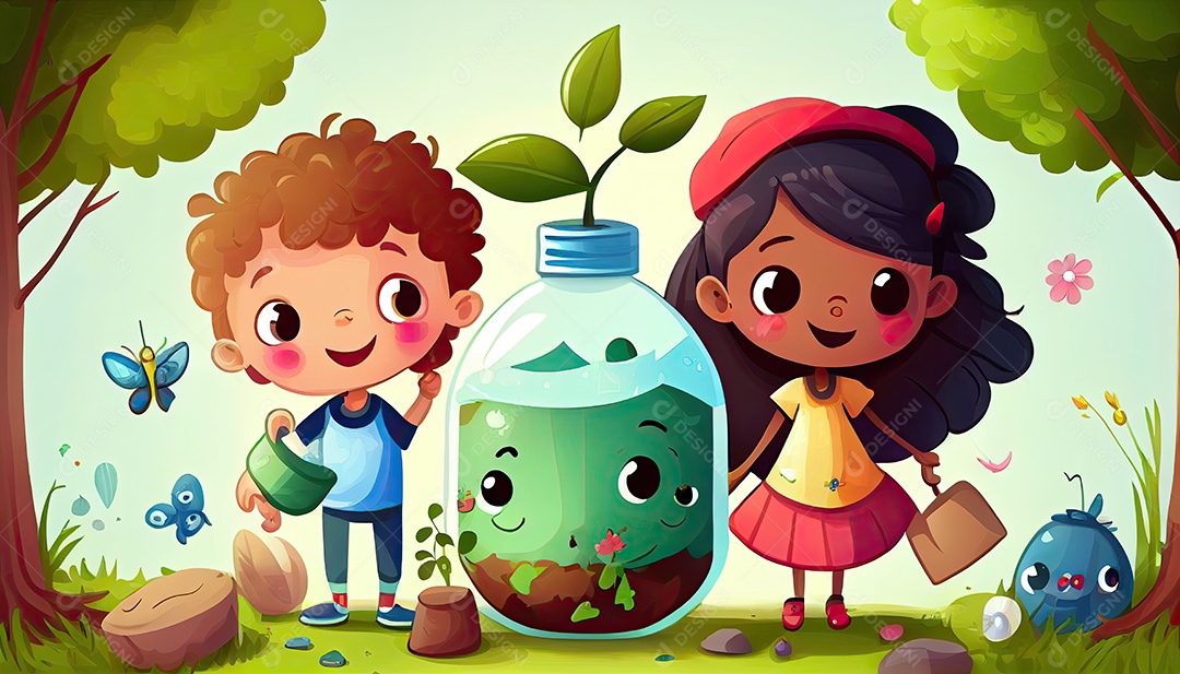 Crianças dos desenhos animados plantando árvores Dia da Terra a importância de amar a natureza