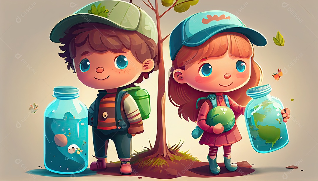 Crianças dos desenhos animados plantando árvores Dia da Terra a importância de amar a natureza