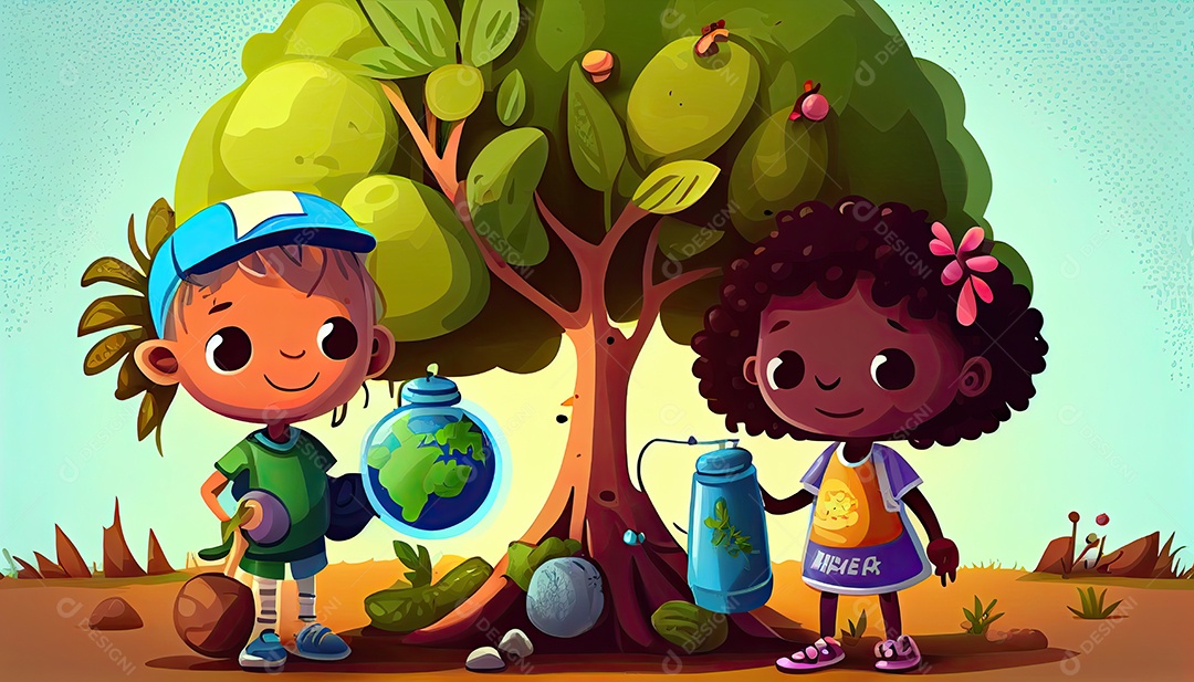 Crianças dos desenhos animados plantando árvores Dia da Terra a importância de amar a natureza