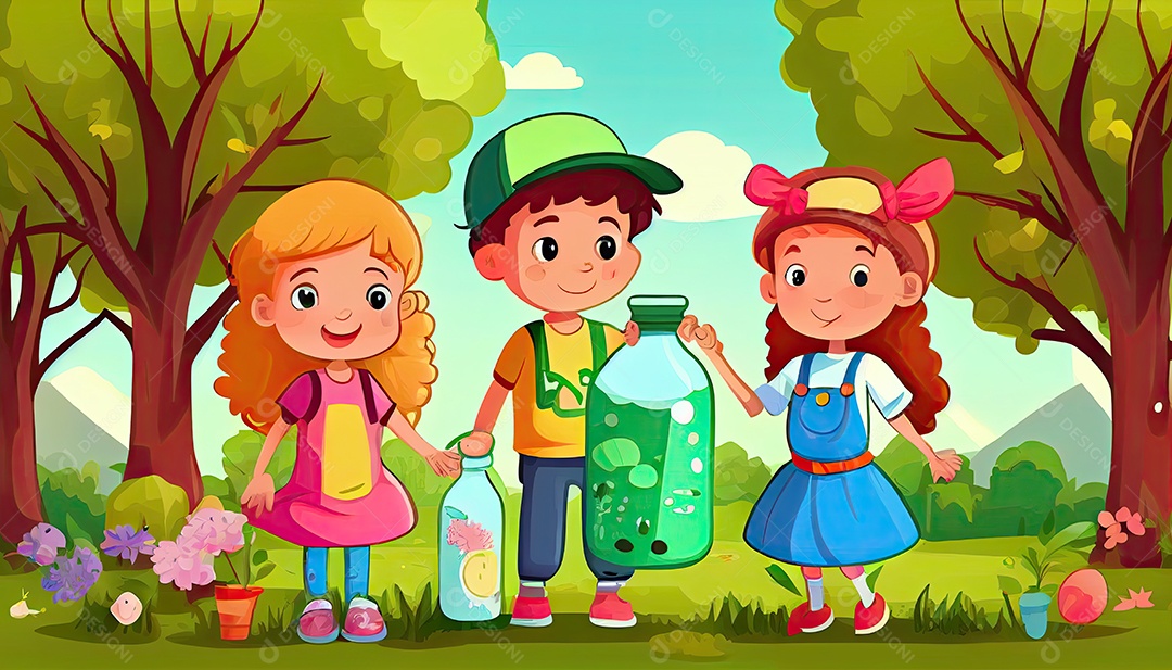 Crianças dos desenhos animados plantando árvores Dia da Terra a importância de amar a natureza