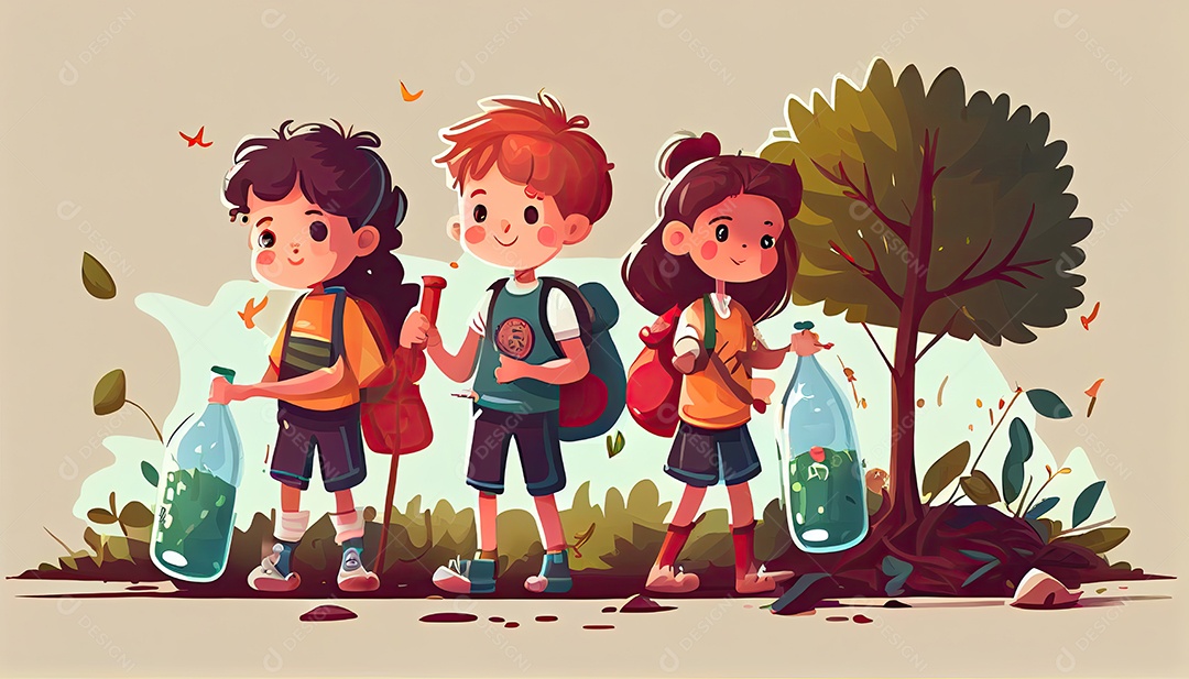 Crianças dos desenhos animados plantando árvores Dia da Terra a importância de amar a natureza