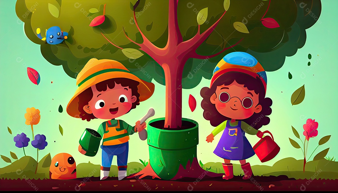 Crianças dos desenhos animados plantando árvores Dia da Terra a importância de amar a natureza