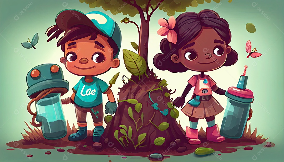 Crianças dos desenhos animados plantando árvores Dia da Terra a importância de amar a natureza