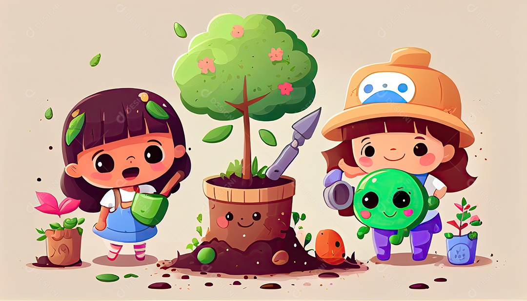 Crianças dos desenhos animados plantando árvores Dia da Terra a importância de amar a natureza