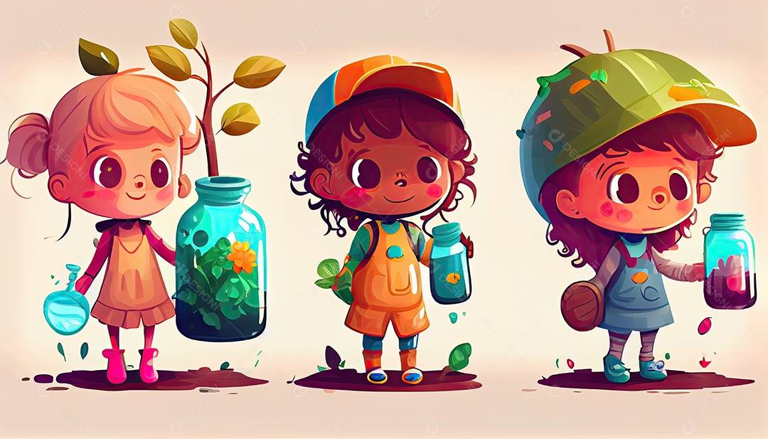 Crianças dos desenhos animados plantando árvores Dia da Terra a importância de amar a natureza