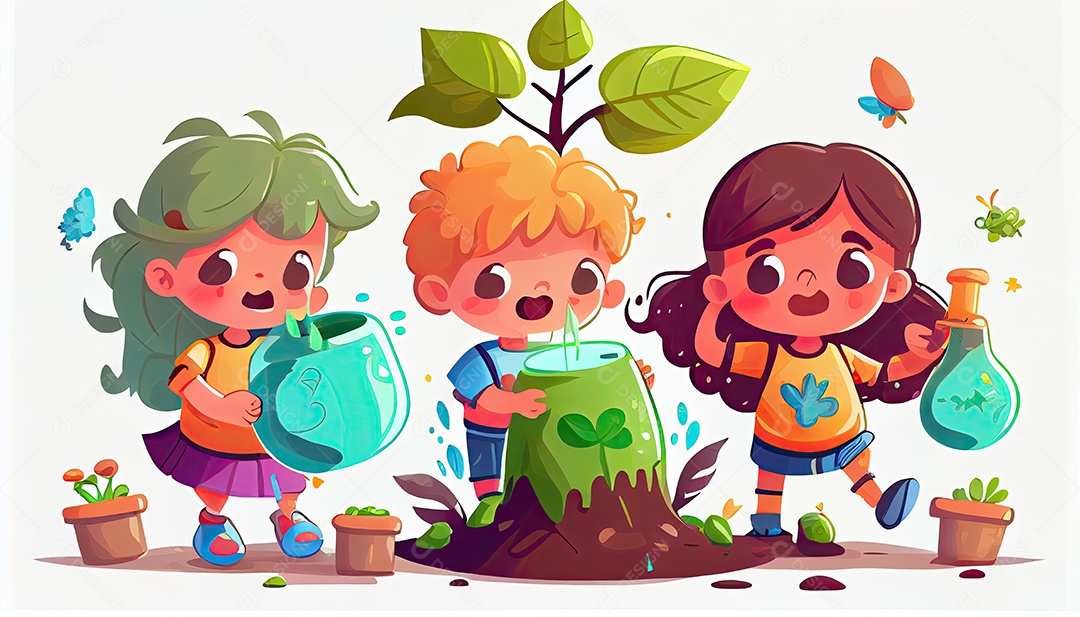 Crianças dos desenhos animados plantando árvores Dia da Terra a importância de amar a natureza