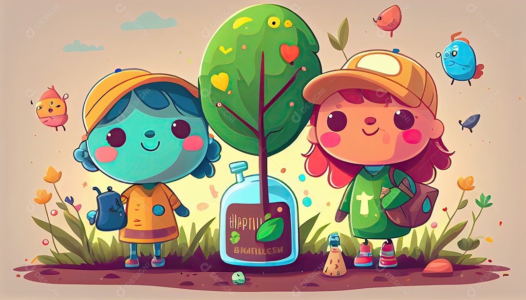 Crianças dos desenhos animados plantando árvores Dia da Terra a importância de amar a natureza