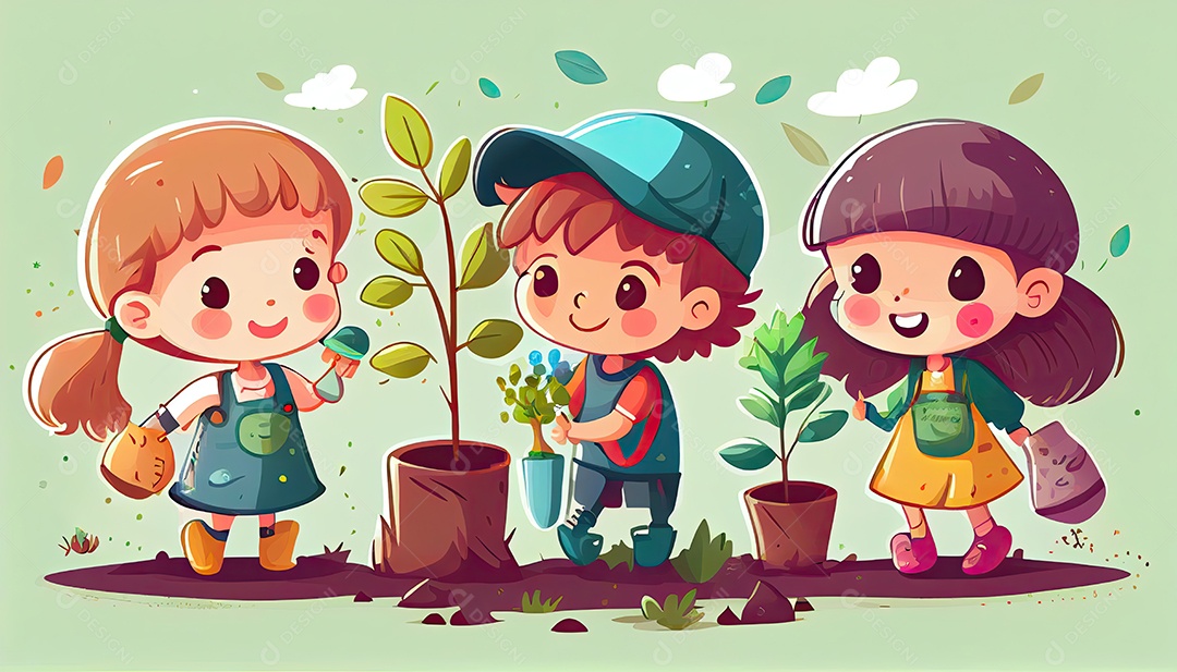 Crianças dos desenhos animados plantando árvores Dia da Terra a importância de amar a natureza