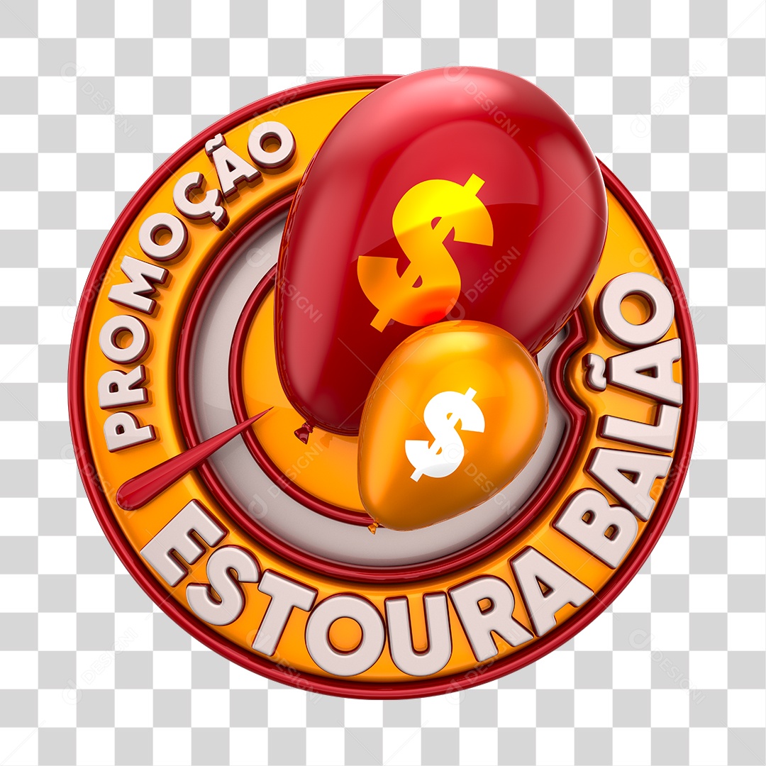 Promoção Estoura Balão Selo 3D Dourado e Vermelho PNG Transparente