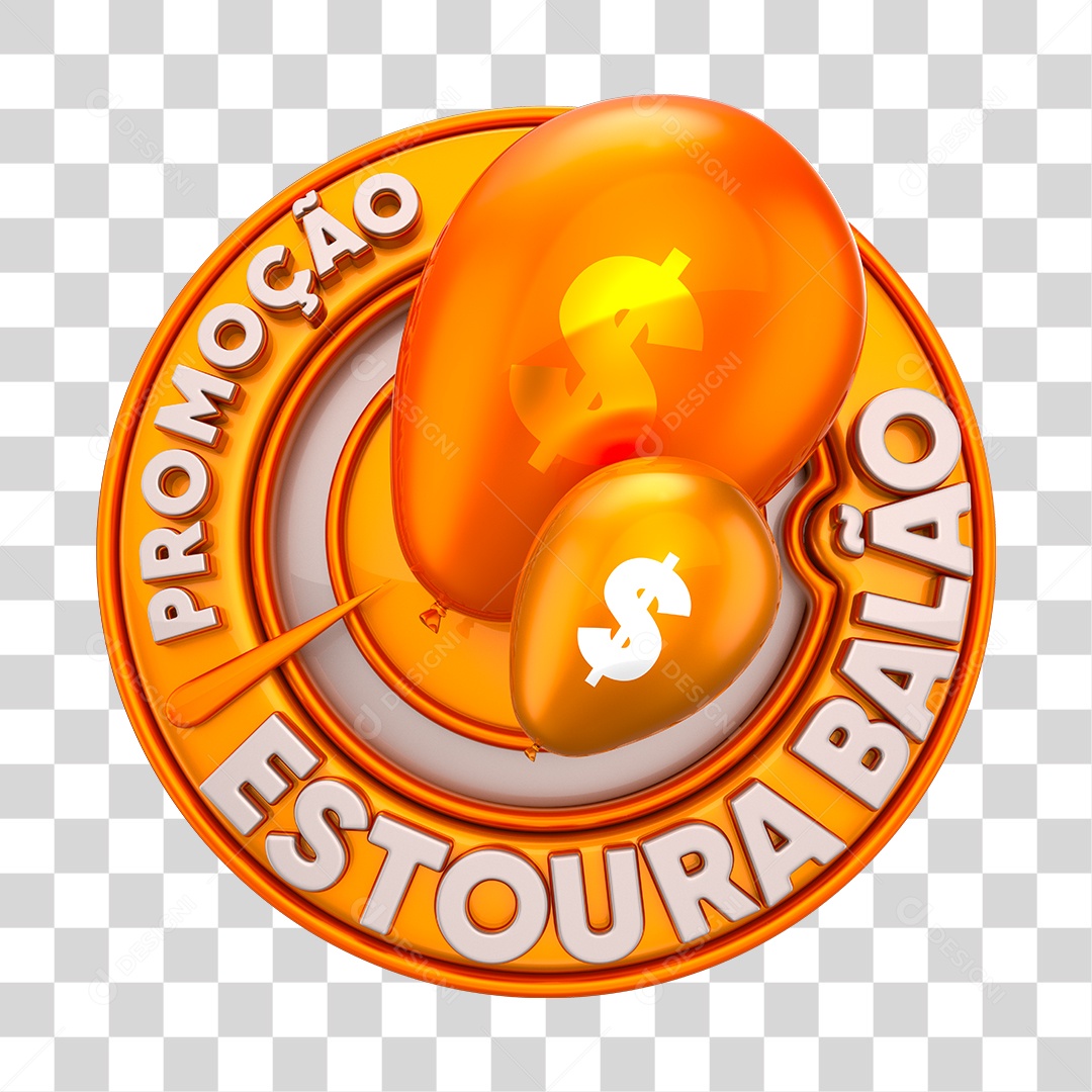 Promoção Estoura Balão Selo 3D Dourado e Laranja PNG Transparente
