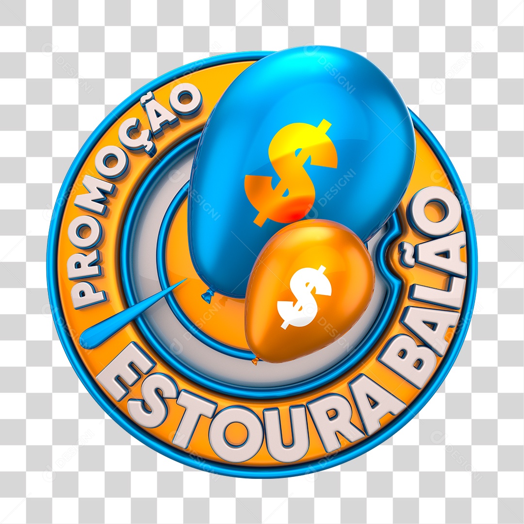 Promoção Estoura Balão Selo 3D Dourado e Azul PNG Transparente