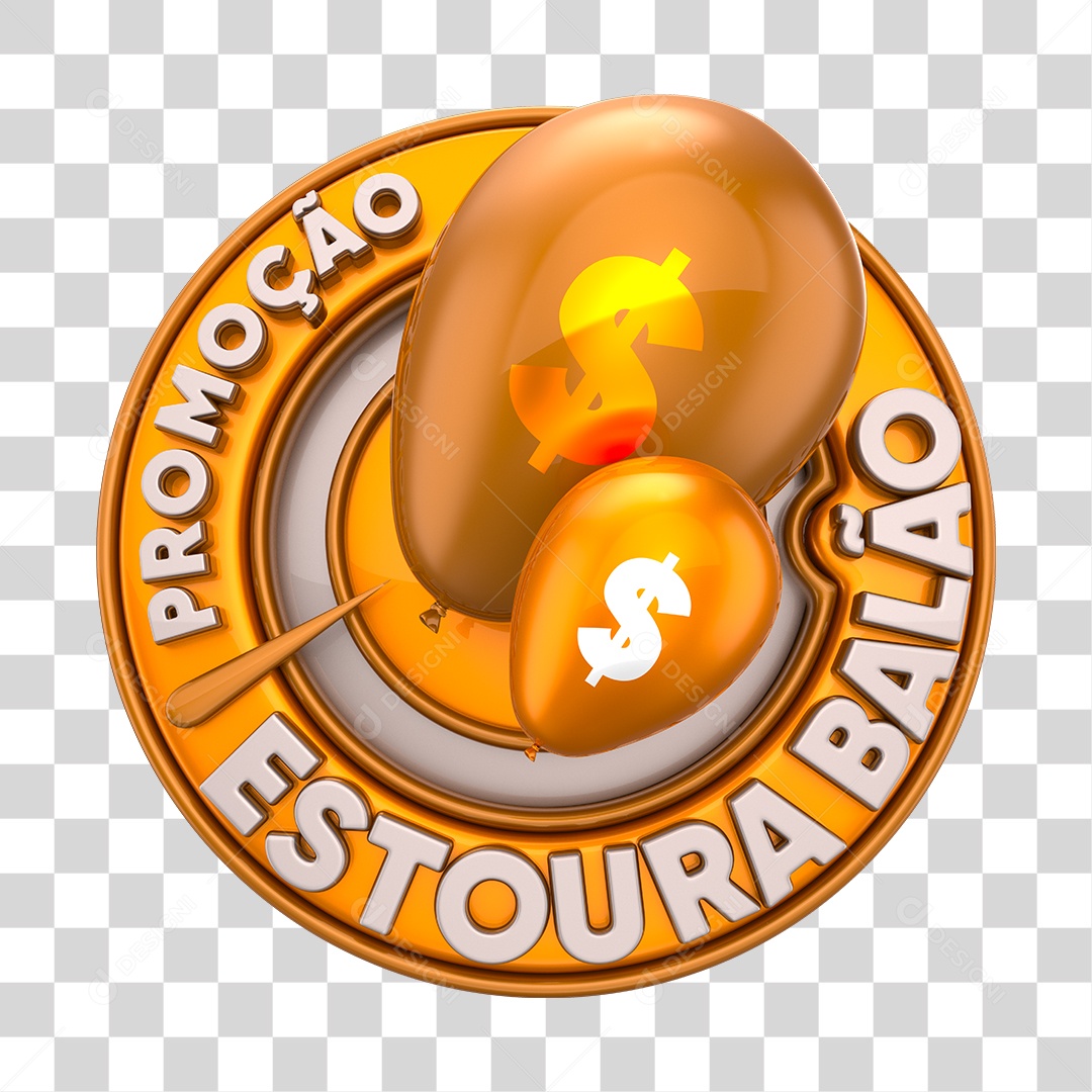 Promoção Estoura Balão Selo 3D Dourado e Marrom PNG Transparente