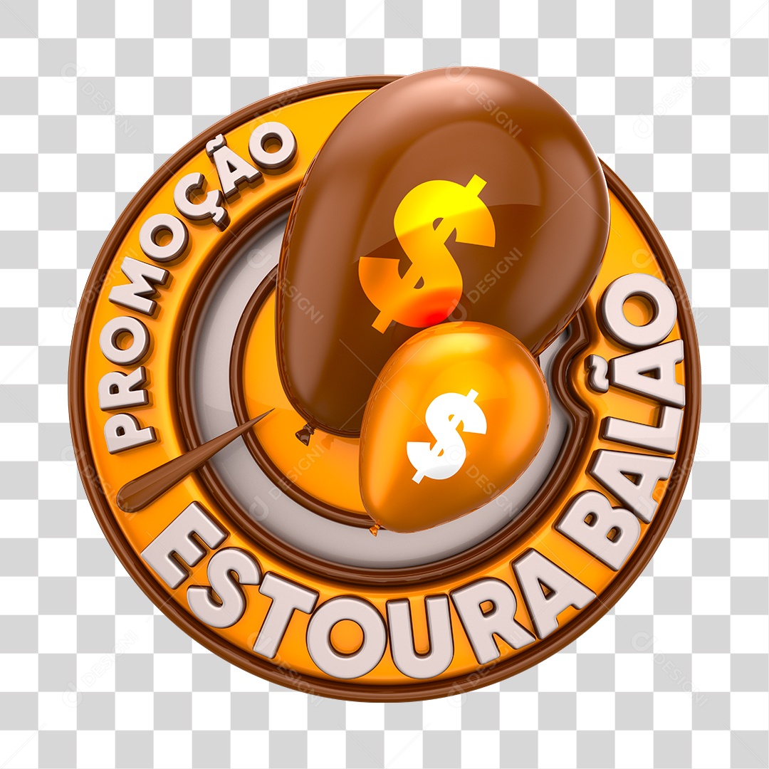 Promoção Estoura Balão Selo 3D Dourado e Marrom PNG Transparente