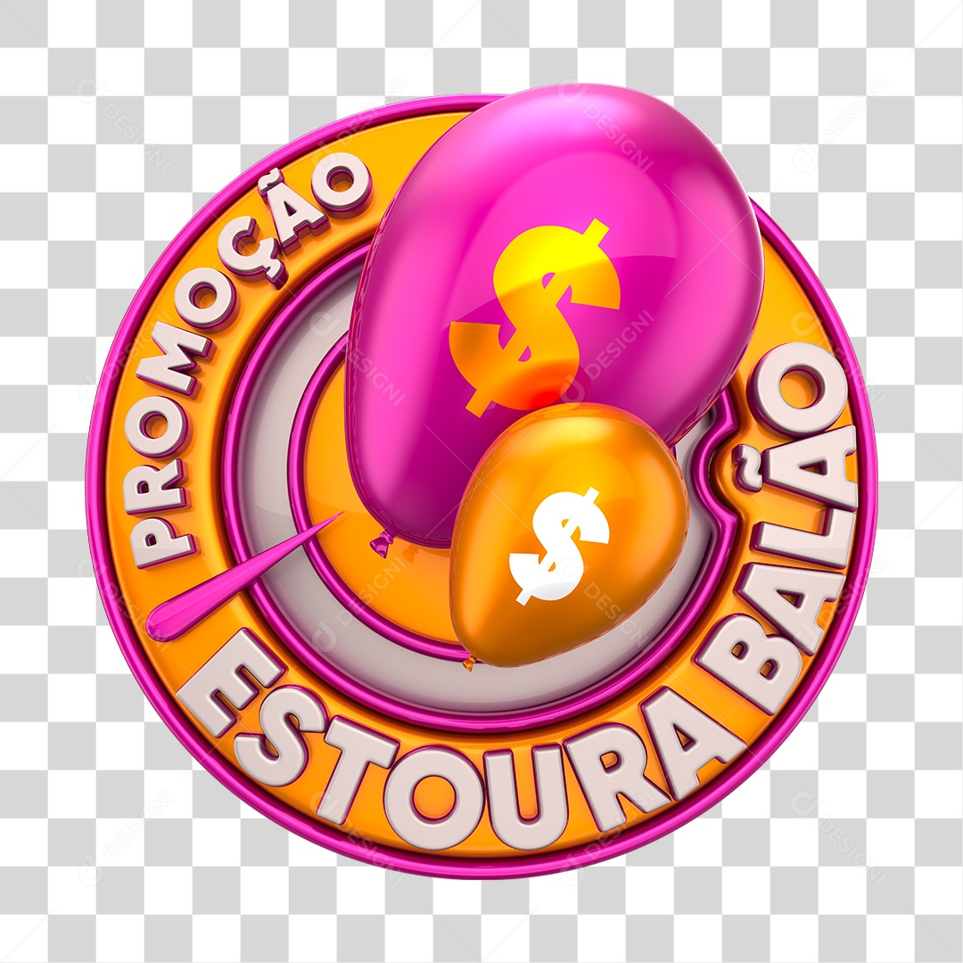 Promoção Estoura Balão Selo 3D Dourado e Rosa PNG Transparente