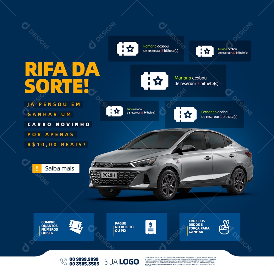 Rifa da Sorte! Carro Novinho Por Apenas R$ 10,00 Reais Social Media PSD Editável