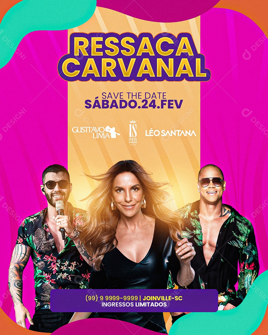 Flyer Ressaca Carnaval Gustavo Lima Ivete Sangalo e Léo Santana Story Social Media PSD Editável