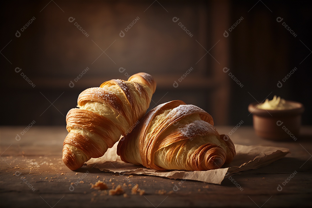 Deliciosos croissants caseiros na mesa de cozinha de madeira rústica visão de perto