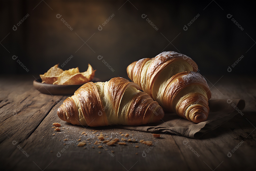 Deliciosos croissants caseiros na mesa de cozinha de madeira rústica visão de perto