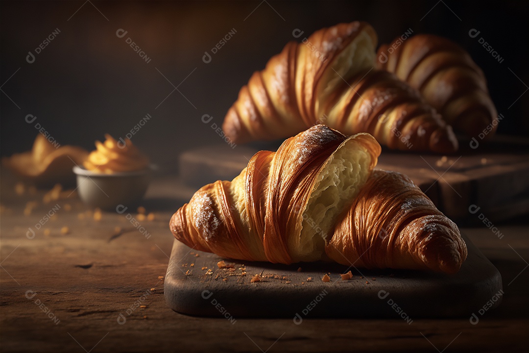Deliciosos croissants caseiros na mesa de cozinha de madeira rústica visão de perto