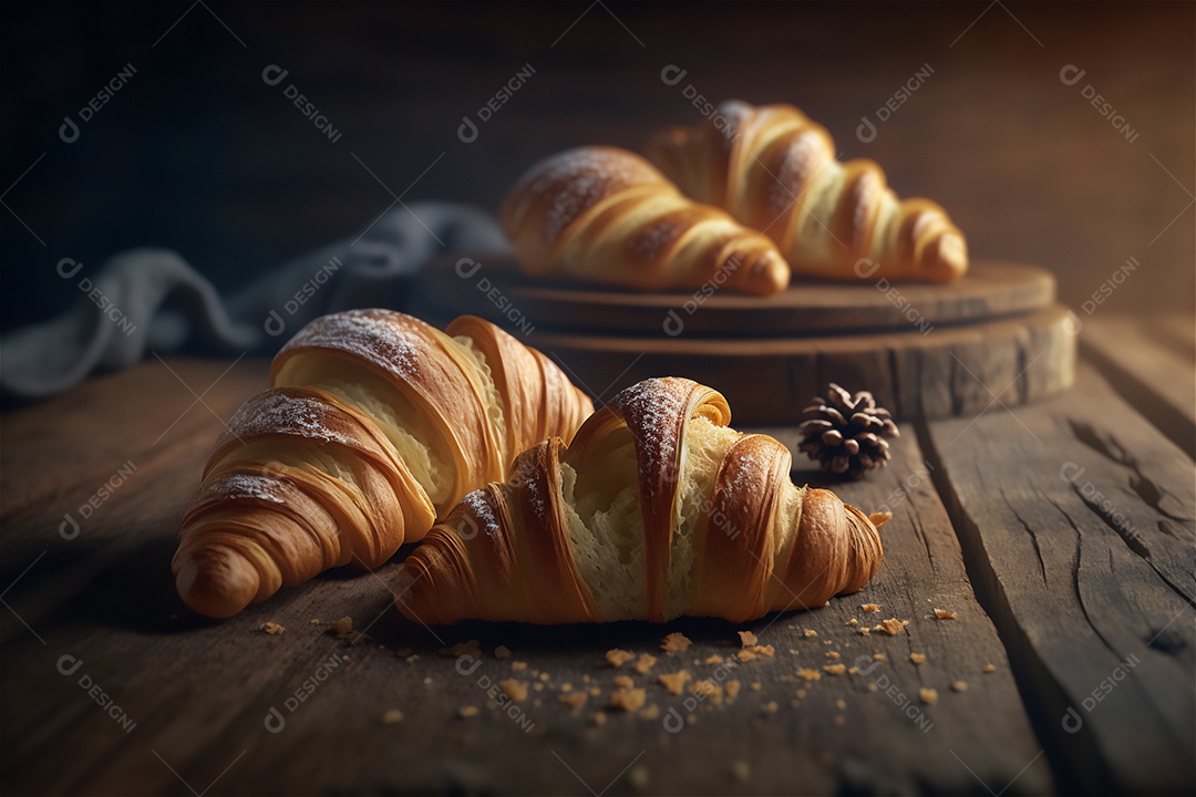 Deliciosos croissants caseiros na mesa de cozinha de madeira rústica visão de perto